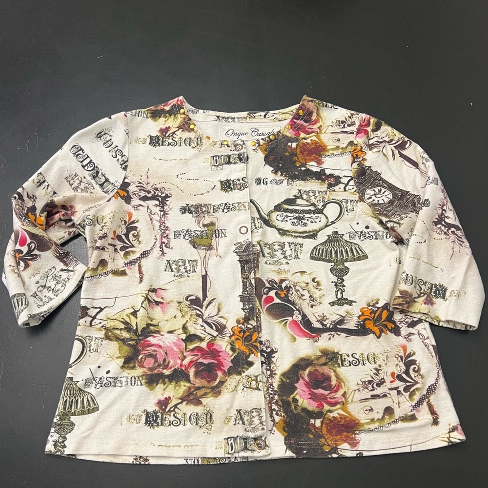 Onque Casuals Y2k French Treasures Tea Cup Floral Snap Up Cardigan Blouse Sz XL